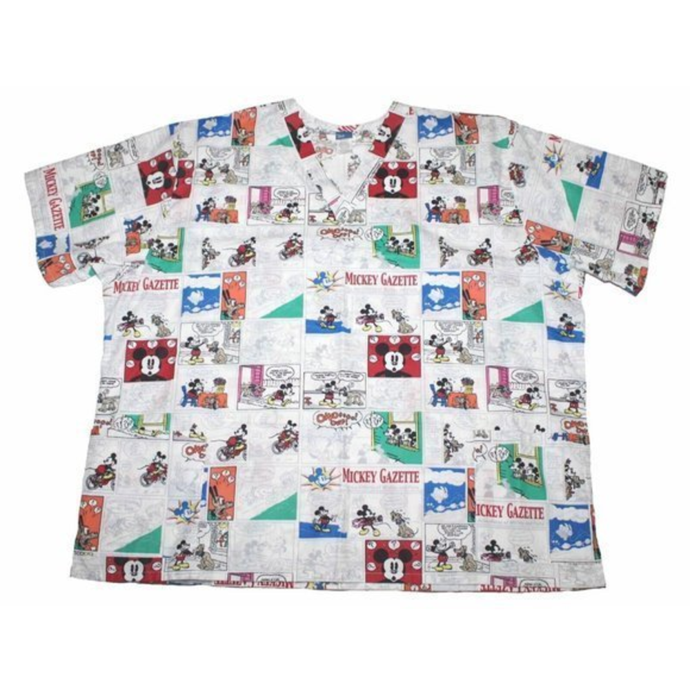 Disney Mickey Gazette Comic Strip Print Scrub Top Pockets Womens Size 3XL‎